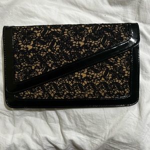 Express Black Lace/ Black Patent Faux Leather Envelope Clutch NWT